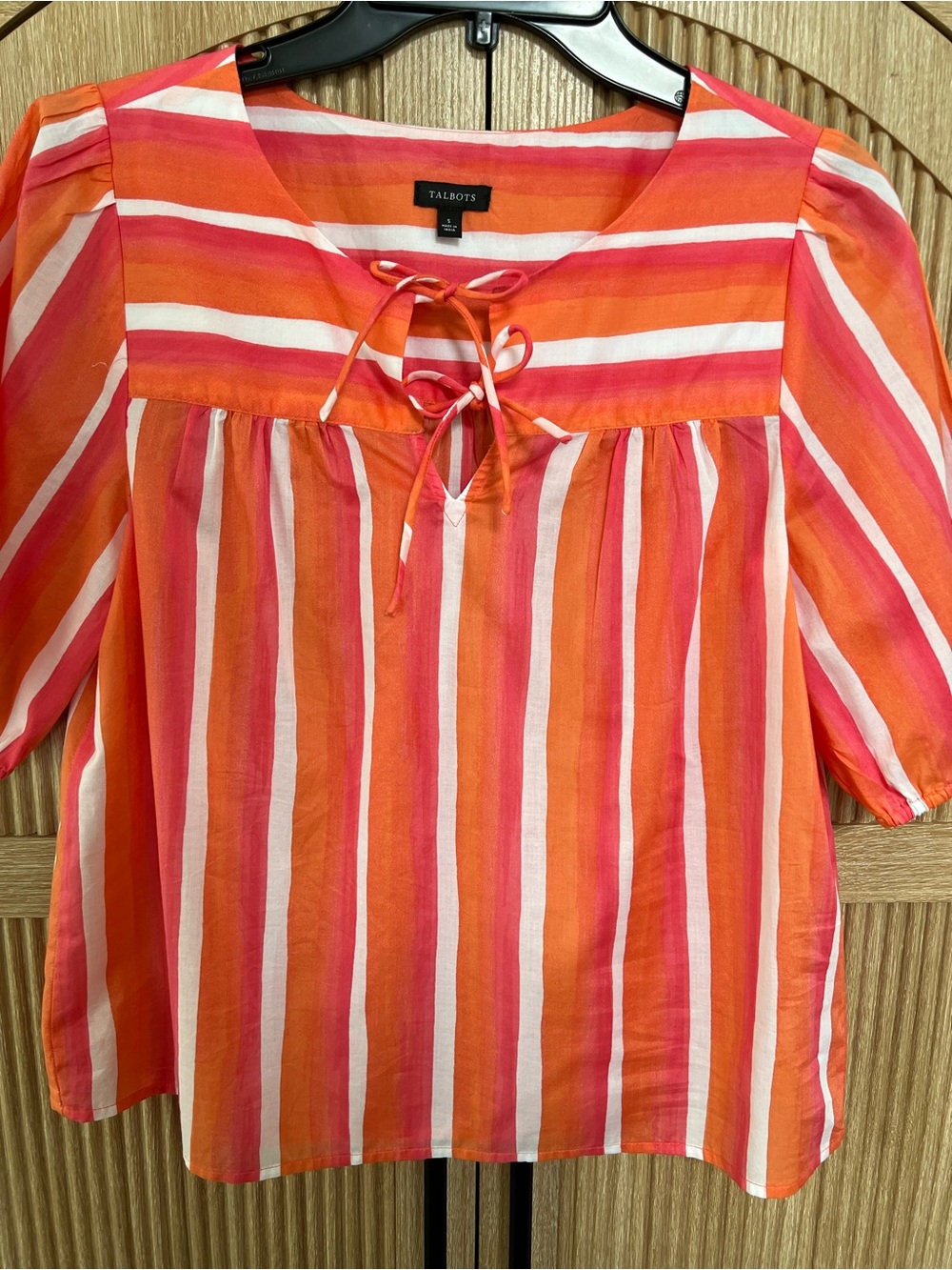 Talbots Striped Tie-Neck Blouse in Orange, Pink & White Small